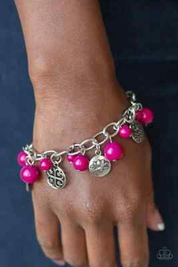 Paparazzi "Lotus Lagoon" Pink Beaded Fringe & Silver Charm Tennis Bracelet - Picture 1 of 2