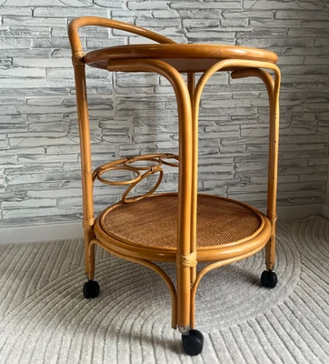 Vintage rattan cane bar cart | Mid-Century Modern Boho Drinks Trolley - Image 1 of 4