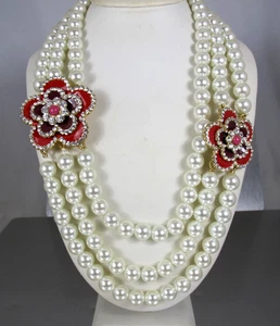 TALBOTS 3 Strand Pearl Necklace with Enamel Rhinestone Flower Station Necklace - Picture 1 of 9