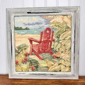BUCILLA Cross Stitch Beach Chair Serene Oceanfront Finished Framed Wall Art - Picture 1 of 9