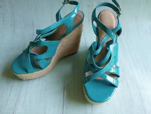 Fergi Wedge Heels Sling Back Open Toe Sandals in Teal Womens sz 6.5 - Picture 1 of 11