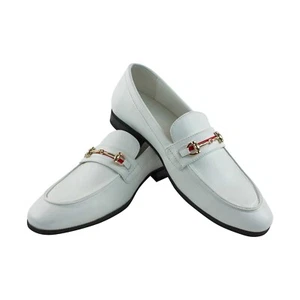 Para hombre Cuero Blanco Sin Cordones Hebilla Dorada Zapatos de Vestir Mocasines Formales Por AZARMAN - Imagen 1 de 6