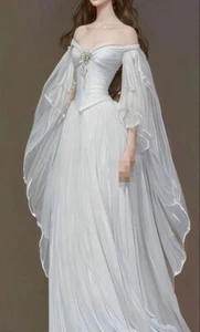Elven Fairy Wedding Dresses with Ruffles Long Sleeve Off Shoulder Beach Gowns - Picture 1 of 5