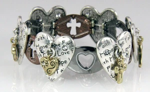 4030576 Christian Hearts Faith Hope Love Stretch Bracelet Religious Bible 3 Tone - Picture 1 of 1