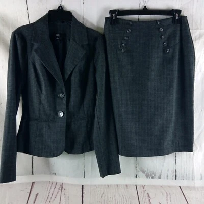 Terno saia BCX feminino tamanho S mistura de poliéster xadrez carvão 2 botões 2 peças - Imagem 1 de 4