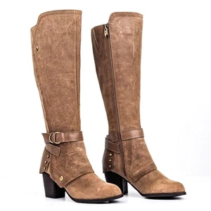 Fergie Women Folded Buckle Strap Taupe Leather Riding Heel Tall Boots sz 6.5 - Picture 1 of 9
