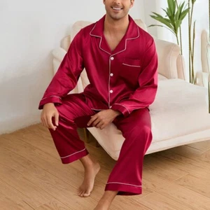 Mens Silk Satin Pajamas Set Pyjamas Button-Down Long Sleeve Sleepwear Loungewear - Picture 1 of 31