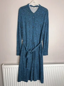 Boden Shirt Dress Women Size 14 Blue Jersey Long Sleeve Midi Dress Belted Floral - Picture 1 of 6