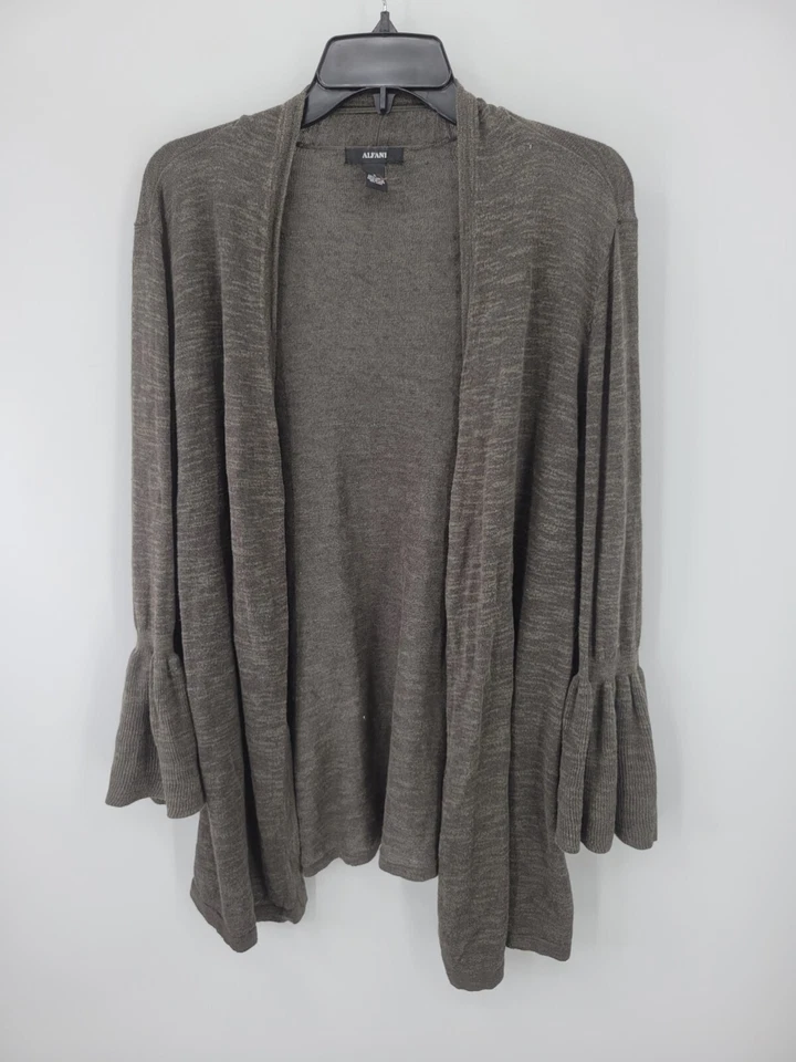 Alfani Sweater Womens Large Brown Ruffle Sleeve Open Front Linen Blend Cardigan - Image 1 of 4