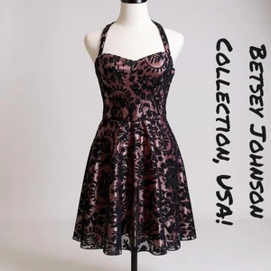 Betsey Johnson Gr. 4 Vintage schwarz Spitze Neckholder mit rosa Satinfutter Partykleid - Bild 1 von 9
