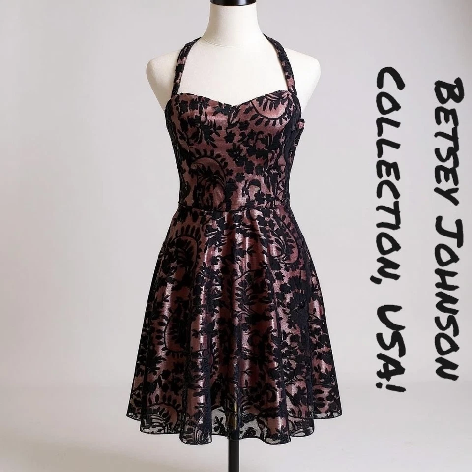Betsey Johnson Sz 4 Vintage Black Lace Halter w/ Pink Satin Lining  Party Dress - Image 1 of 4