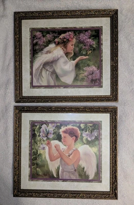 Home Interiors Girl Angel W/Butterfly- Boy Angel w/Humming Bird Matted Framed - Image 1 of 4