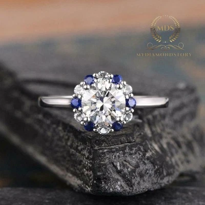 Solid 14K White Gold Moissanite Halo Engagement Ring Excellent Round Cut 2 Carat - Image 1 of 4