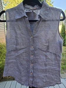 Vintage Edward Womens Shirt Button Sleeveless Irish Linen M Embroidered Blue - Picture 1 of 4