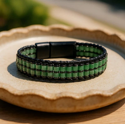 Green Aventurine Stainless Steel Leather Bracelet Braided Magnetic Clasp Jewelry - Image 1 of 4
