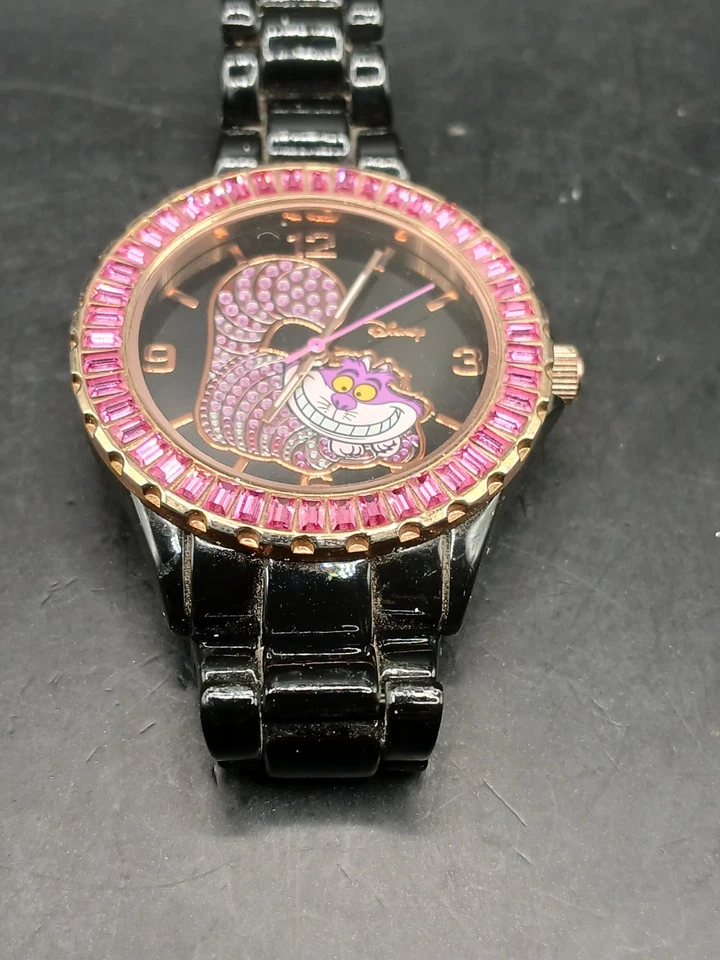 Disney Alice In Wonderland Cheshire Cat Watch Pink Rhinestones Needs Battery - Image 1 of 4