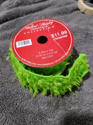 Green Faux Feather Wired Edge Grinch Ribbon 2.36 in x 15ft Christmas G2 - Image 1 of 4