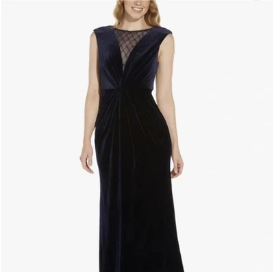 Nuevo con etiquetas Maxi Vestido Adrianna Papell Talla 4 Azul Medianoche Terciopelo Cuentas Sirena Vestido Foto 1 de 4