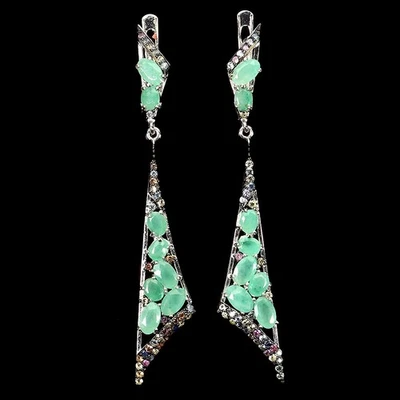 925 Sterling Silver Earrings Oval Emerald Sapphire Natural Gemstone Jewelry - Image 1 of 4