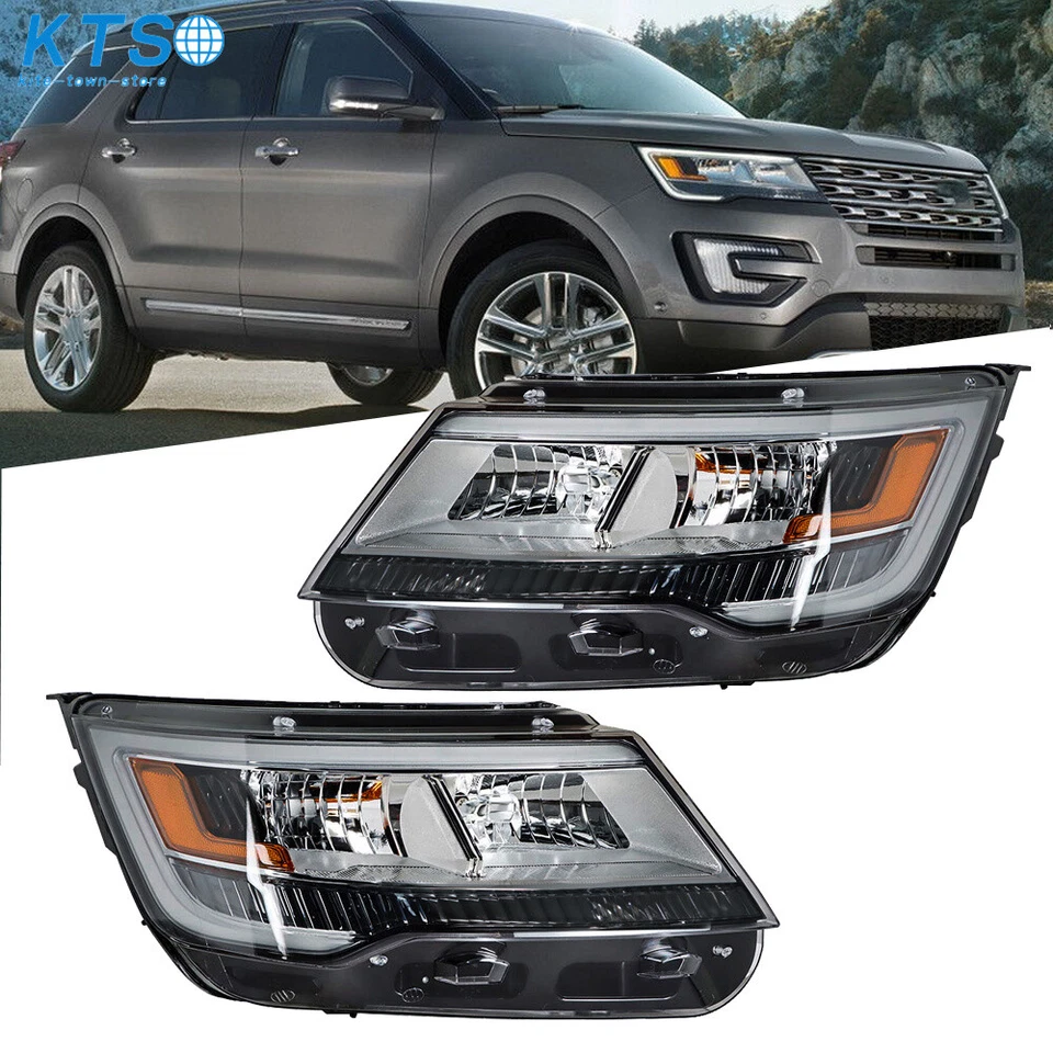 For Ford Explorer Sport 2016-2018 Chrome LED DRL Front Headlights Headlamp Pair - Image 1 of 4