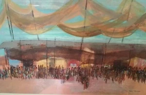 MODERNIST ACRYLIC PAINTING "MARKET BANGLADESH" BY COLORADO ARTIST "RUTH SHERBOK" - Picture 1 of 8