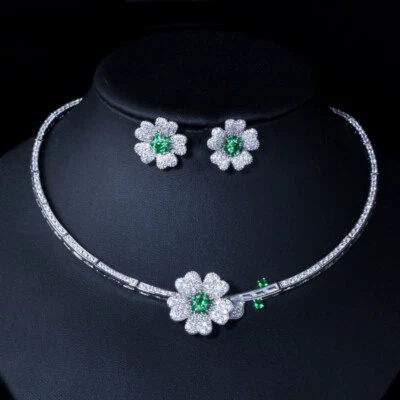 Juego de joyas nupciales collar gargantilla flor verde circonita cúbica enchapado en plata Foto 1 de 4