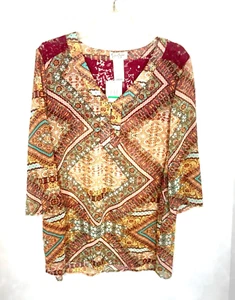 Jessica Simpson Boho Print Geometric 3/4 Sleeve Shirt Neutral Colors Size L NWT - Picture 1 of 3