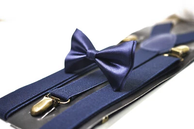 HAND MADE Navy Blue Bow tie Bowtie Elastic Suspenders Braces set for All ages - Image 1 of 4