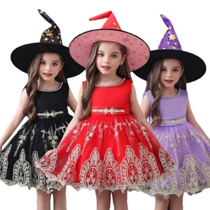 Kid Girls Tutu Dress Witch Hat Halloween Fancy Cosplay Party Gown Birthday NEW - Picture 1 of 25