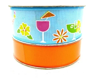 Summer Drinks Mini Ribbon,2x,Blue,Summer Drinks,Umbrella,Flower,Orange,7/8"x9ft - Picture 1 of 3