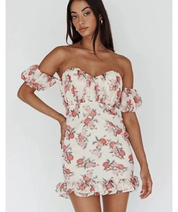 Neues schulterfreies Minikleid mit Blumenmuster Größe M - Bild 1 von 4