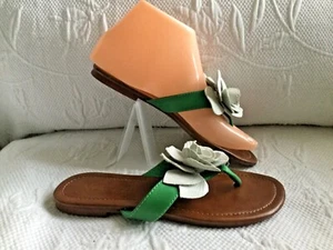 Colin Stuart 5 B grüne Leder-Slipper mit weißen Blumen FlipFlop-Sandale - Bild 1 von 6