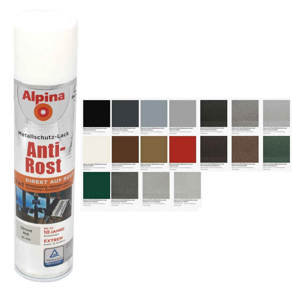 Alpina 3in1 Metallschutzlack Spray 0,4L  Matt Glänzend Hammerschlag Eisenglimmer - Bild 1 von 4