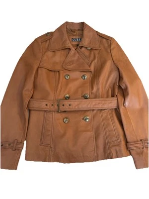 Guess Chaqueta 100% Cuero Mujer’s Extra Grande Marrón Cinturón Botones Informal Damas Foto 1 de 4