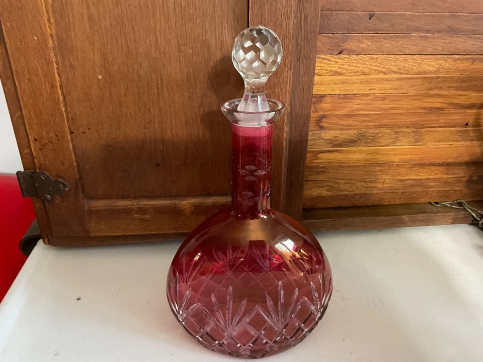 Bohemian Czech Ruby/Cranberry Red Crystal Decanter Bottle w/Stopper 10.5” - Image 1 of 4