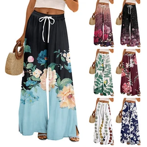 Women Summer Boho Palazzo Pants High Waist Wide Leg Rinting Casual Trousers - Picture 1 of 33