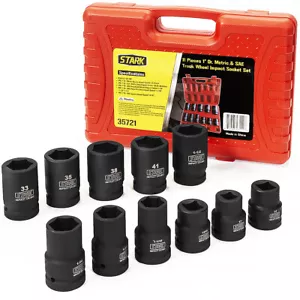 Stark USA 11-PC Deep Socket Set Truck Wheel 1" Drive Impact Metric SAE Cr-Mo - Picture 1 of 5
