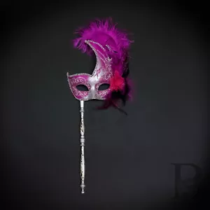 Handheld Stick Venetian Masquerade Mask for Women Silver Hot Pink M6131 - Picture 1 of 5