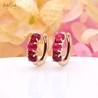 4mm Ruby Gemstone Huggie Earrings 14k Solid Gold Round Latch Back Earrings Gift - Image 1 of 4