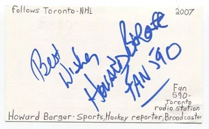 Howard Berger Signed 3x5 Index Card Autographed Sports Hockey Broadcaster - Picture 1 of 2