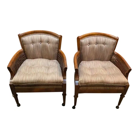 vintage Mid Century Modern Tufted Barrel Back Slipper Style Cane Chairs Cover