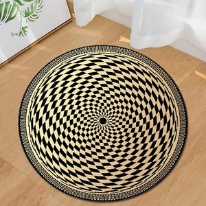 Optical Illusion Rug, Round Trippy Carpet, Black Beige Modern Floor Mat - Picture 1 of 10