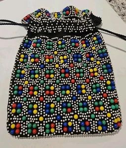 Vtg. 70s Black Sling Candy Dot Hand Bag Purse Drawstring Beaded. Reversible Fun - Picture 1 of 4
