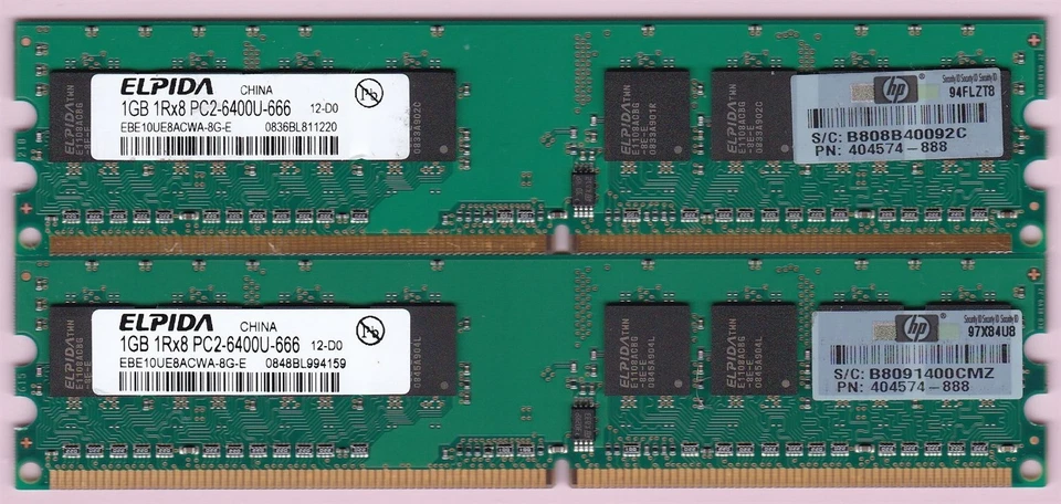 2GB 2x1GB PC2-6400 DDR2-800 ELPIDA EBE10UE8ACWA-8G-E HP 404574-888 MEMORY KIT - Image 1 of 4