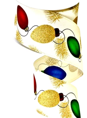 Christmas Tree Lights 2.5" by 5 yds Cream Wired Ribbon Bold Colors Gold Glitter - Image 1 of 4