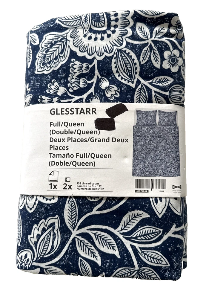 IKEA "GLESSTARR" BLUE LEAVES QUEEN DUVET COVER 2 PILLOWCASES #40570164