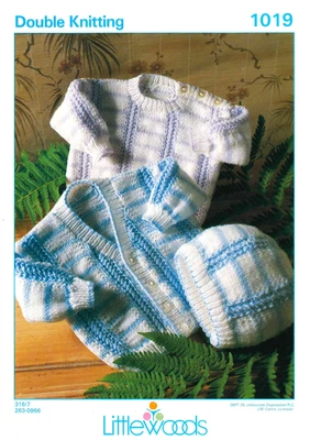 Littlewoods 1019 Baby DK Knitting Pattern – Sweater, V-Neck Cardigan & Hat  - Image 1 of 3