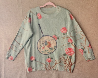 Suéter feminino Yesno mistura de lã tamanho M verde pálido floral pavão pulôver difuso - Imagem 1 de 4