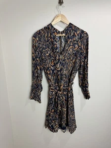 Reiss Lilia flippiges Kleid mit Gürtel Größe 10 dunkelblau orange abstrakt lange Ärmel - Bild 1 von 8