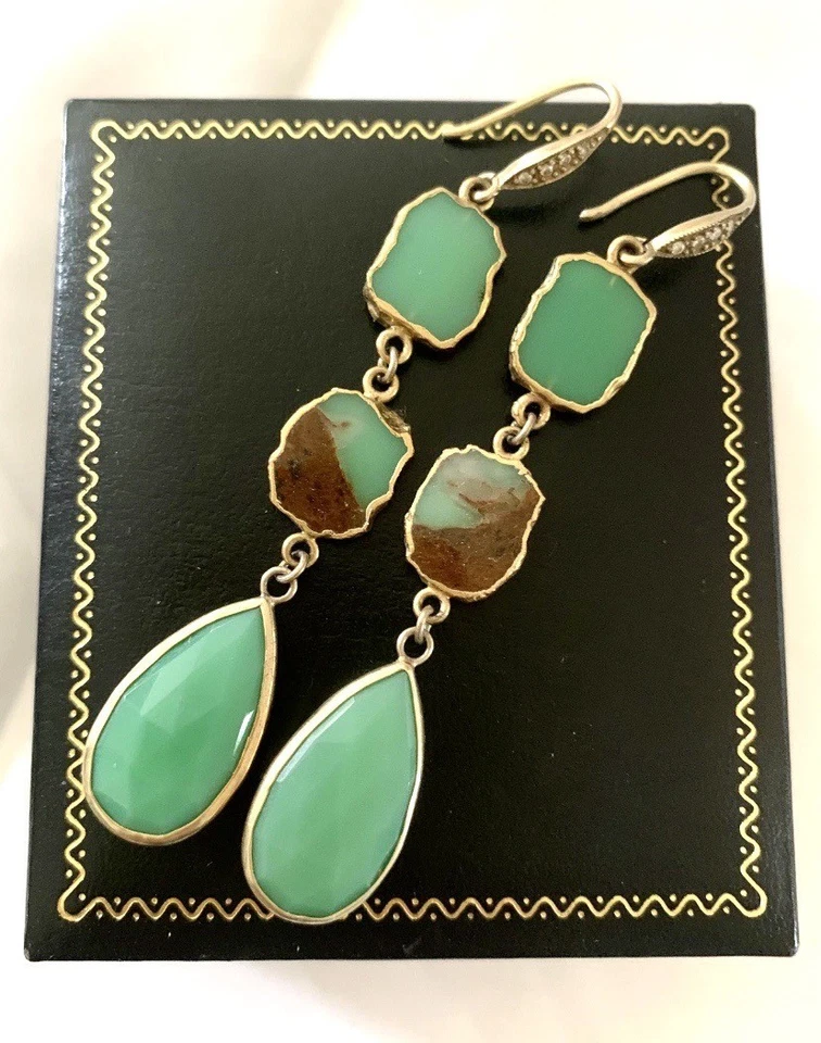 PENDIENTES COLGANTES LARGOS CRISOPRASA VERDE BRILLANTE VERMEIL PLATA DE COLECCIÓN 3” Foto 1 de 4